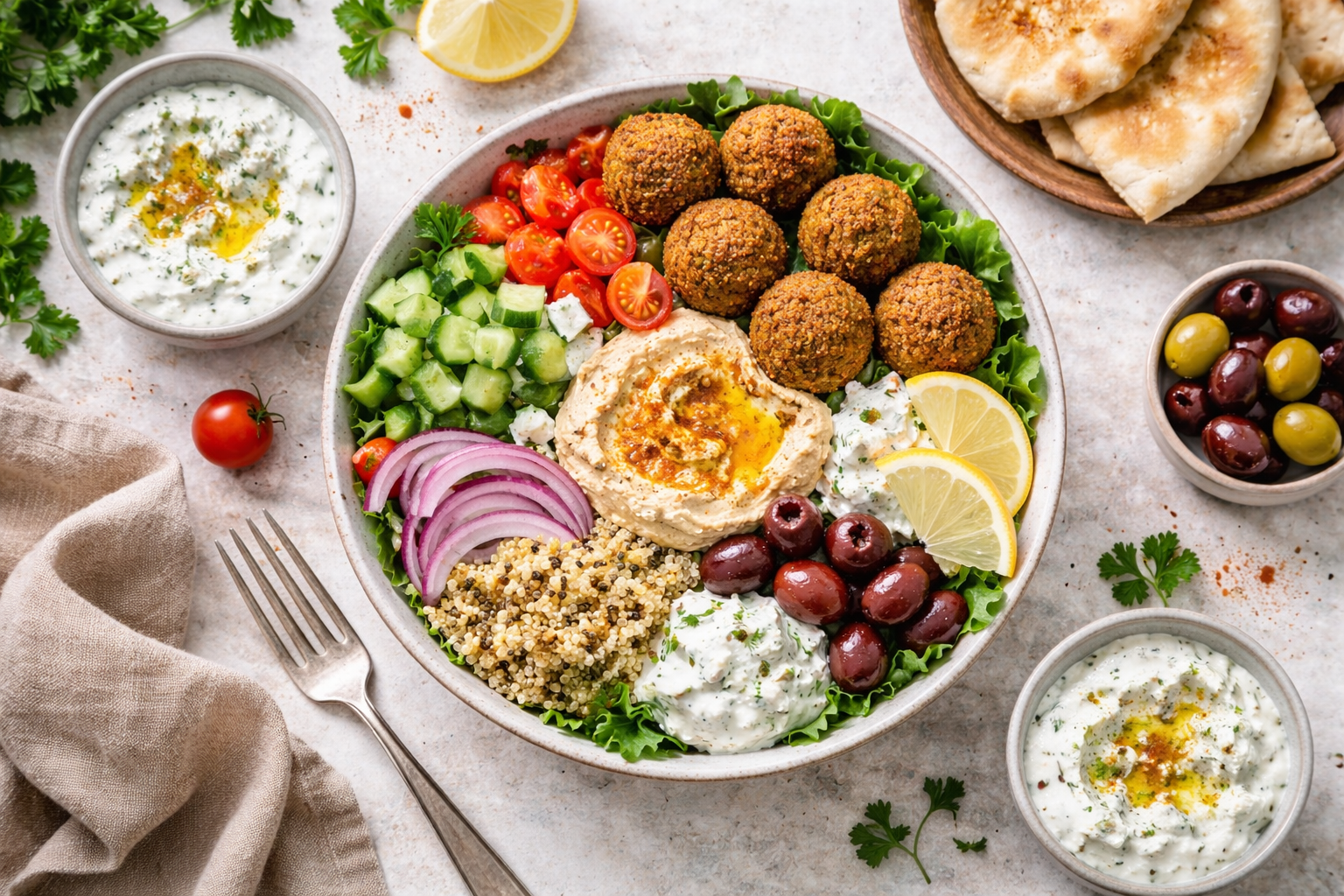Fusion cuisine - Asian-inspired bowl with fresh vegetables and sesame seeds