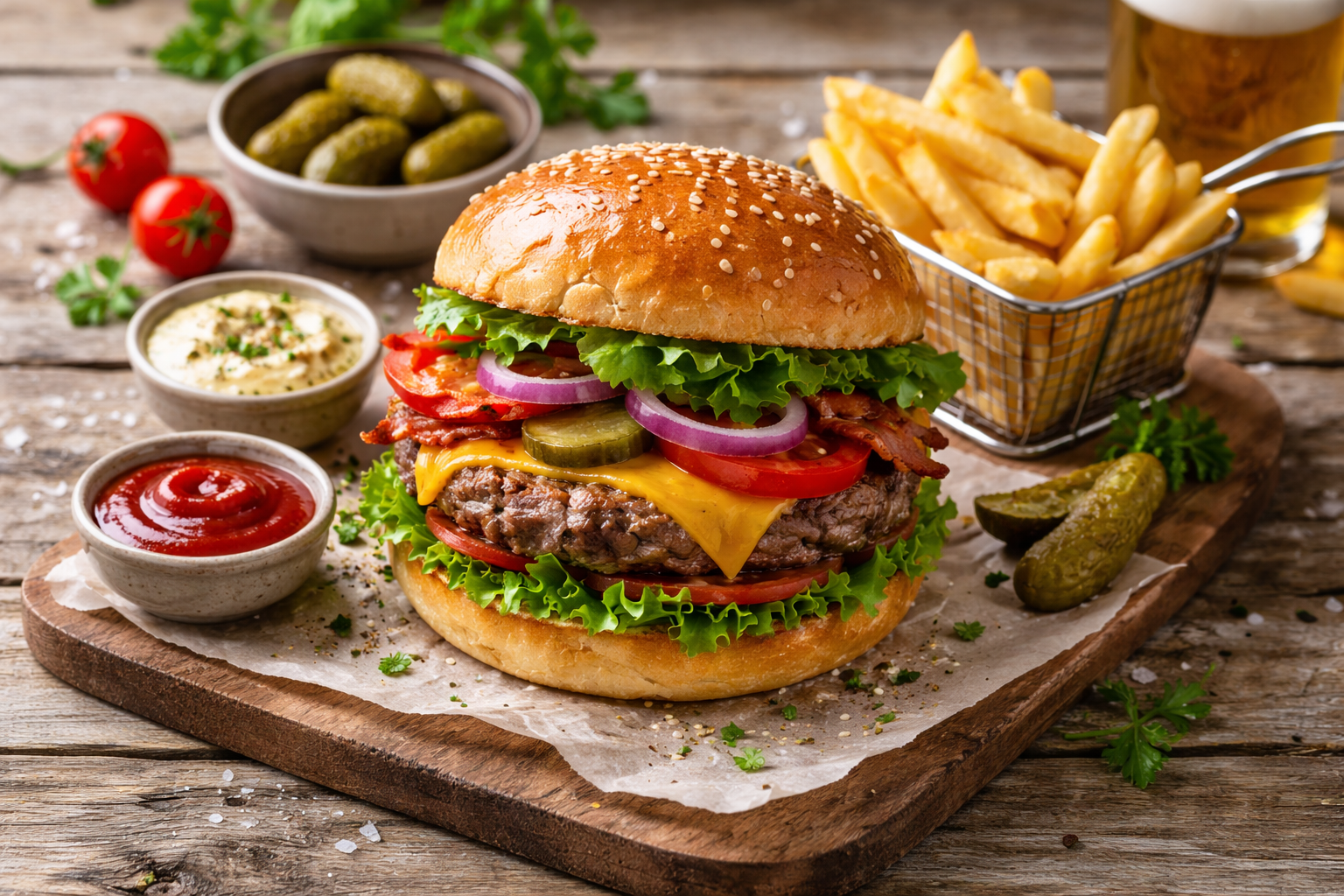 Local American cuisine - Gourmet burger with artisan bun and fresh ingredients